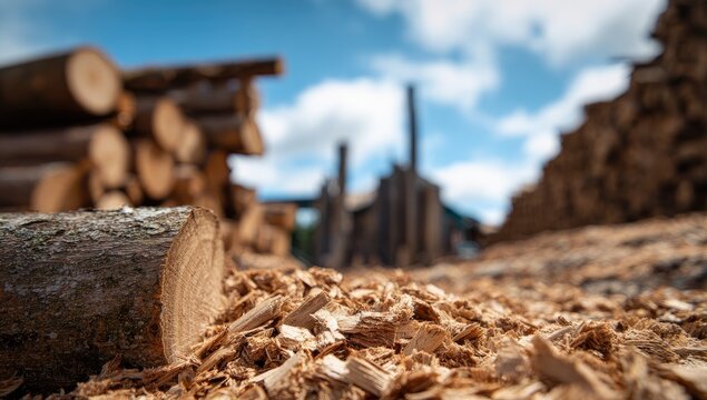 Close up of wood chips and logs at a lumber yard with stacks of wood in the background.