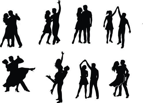 Dancing Couple Silhouette Set with Ballroom Latin and Romantic Partner Dance Pose Vector Collection