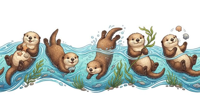 Playful Sea Otters Swimming and Floating in Blue Ocean Water Illustration