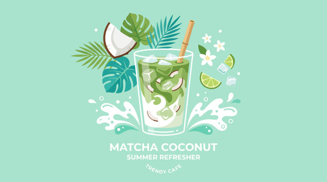 Iced Matcha Coconut Drink Vector Illustration Tropical Summer Cafe Menu