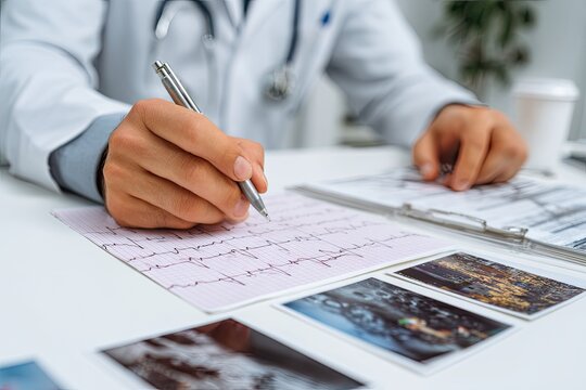 Hands of a medical professional in a lab coat writing on an EKG report