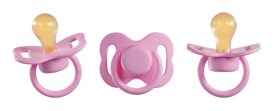 Set of pink Baby Pacifier icon with a nipple from different angles, isolated on background. Newborn girl accessory for baby products, childcare, parenting, infant care concepts. 3d render
