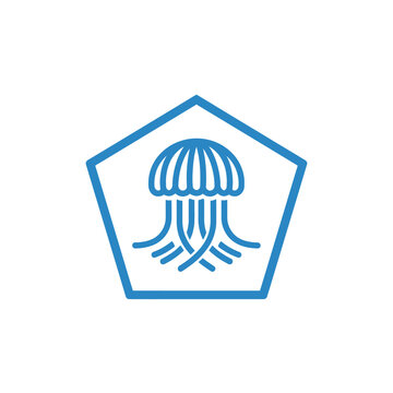 Blue jellyfish line art icon inside a pentagon frame