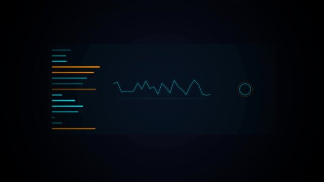 A dark digital interface displays colorful line graphs, data points, and circular chart elements suggesting analytical or financial analysis