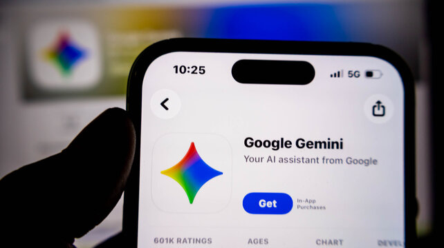 Closeup of a smartphone screen displaying the google gemini ai assistant app store page