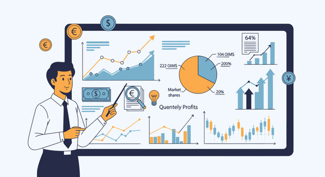 Businessman presenting financial charts and graphs on digital board