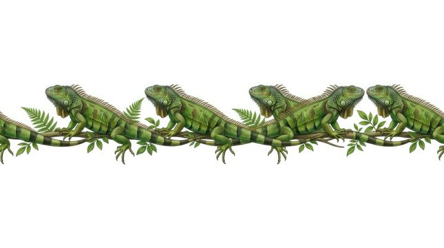 Green Iguanas Resting on Leafy Branch in White Background Border