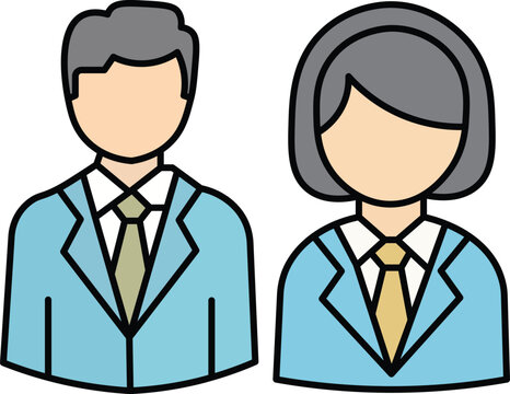 Two business people in blue suits with ties, cartoon style corporate woman