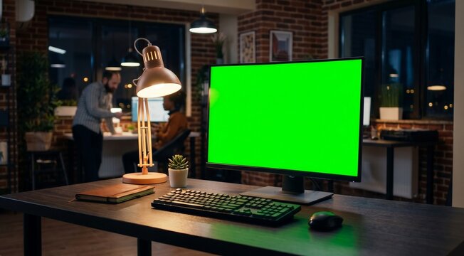  modern creative workspace at night with a desktop computer monitor displaying a bright green chroma key screen, stylish office desk setup, warm desk lamp lighting, dark moody atmosphere