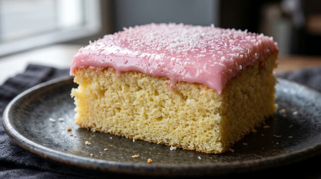 Tottenham Cake &ndash; Close-Up of Traditional London Pink-Iced Traybake Sponge