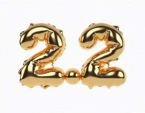 a pair of shiny golden foil balloons shaped like the number twenty-two, separated by a small matching dot to represent a decimal point or a specific date like February 2nd. 