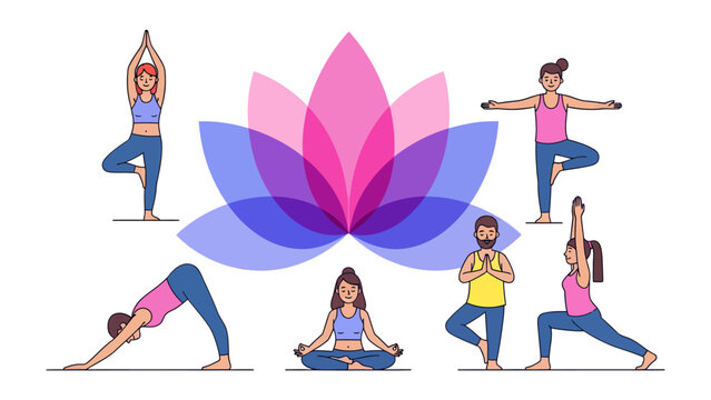 Yoga Poses Collage: A vibrant collection of diverse individuals practicing various yoga poses around a central stylized lotus flower, symbolizing inner peace and wellness.