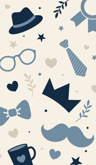 Naklejka premium Motif masculin avec moustache, cravate, lunettes, chapeau, cœurs et étoiles. Idéal pour papier cadeau, papeterie, textile, carte ou fond décoratif élégant.