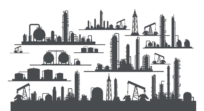 Industrial oil and gas refinery silhouettes collection.
