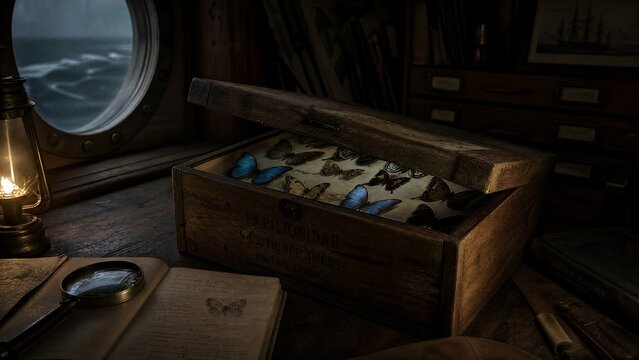 ajar. Dimly lit ship cabin with a wooden crate ajar, revealing rare butterfly specimens inside. wildlife magazines, conservation campaigns, designed for wildlife conservation campaigns.