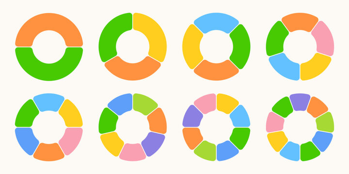 Colorful pie chart collection. Infographic diagram wheels with 2, 3, 4, 5, 6, 7, 8, 9 sections