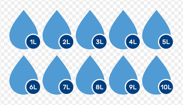 Water capacity symbols set. Liquid drop icon collection with fluid volume in liters.