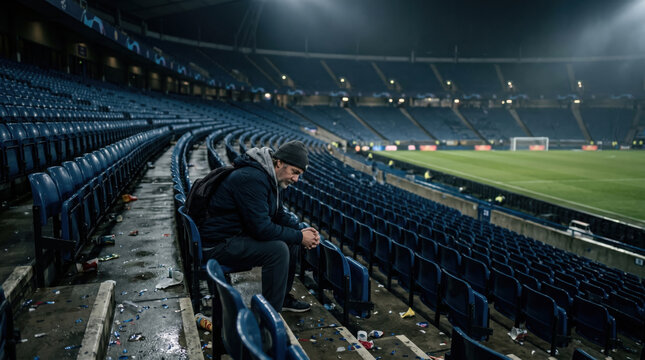 Lonely man sitting alone in a large empty sports stadium