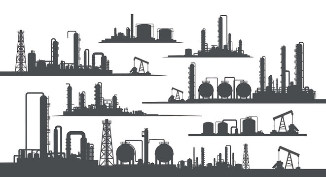 Industrial oil and gas refinery silhouettes set with various factory buildings.