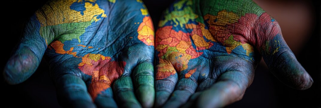 Hands holding the Earth painted with vibrant colors, symbolizing global unity and interconnectedness.