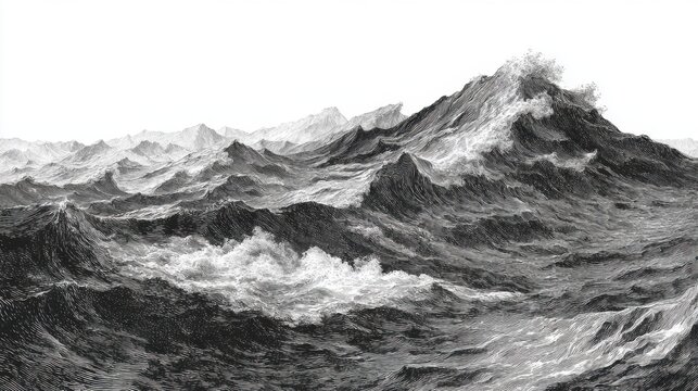 Ocean waves engraving black white detailed illustration stormy sea landscape nature powerful motion
