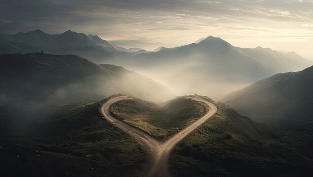 Misty mountain landscape with a heart-shaped road splitting uphill
