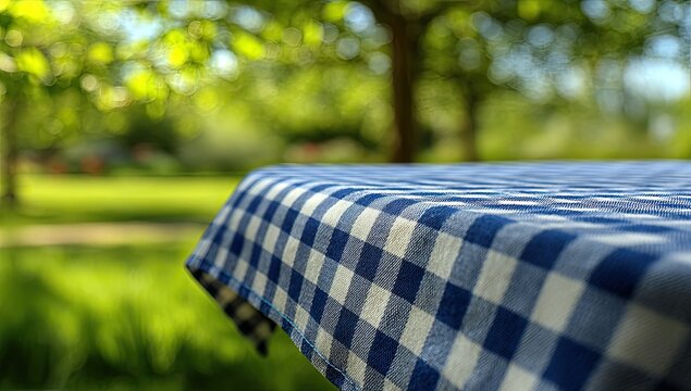 Picnic Table Covered with Blue and White Gingham Cloth in a Sunny Park.