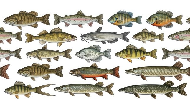 Detailed Freshwater Fish Species Displayed in Scientific Illustration Collection on White Background