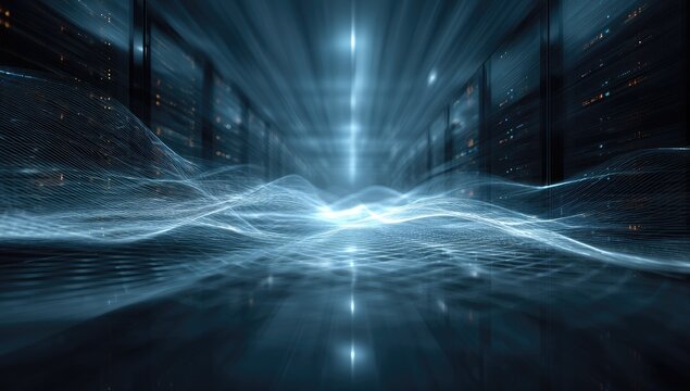 Abstract Blue Energy Waves Flowing Through Futuristic Tunnel.