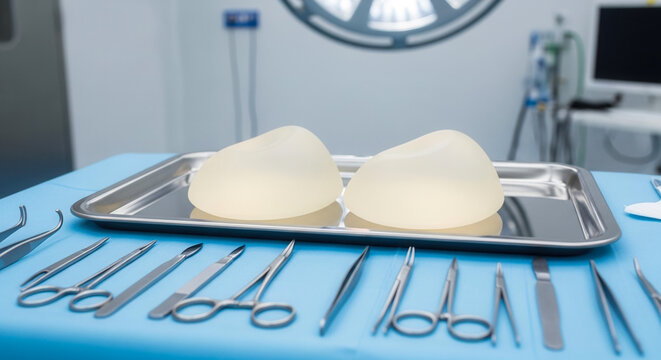 Silicone breast implants on metal tray with surgical instruments in operating room, plastic procedure and augmentation in medical clinic