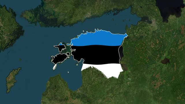 Animated Estonian flag overlayed on a satellite map of the country, showing borders