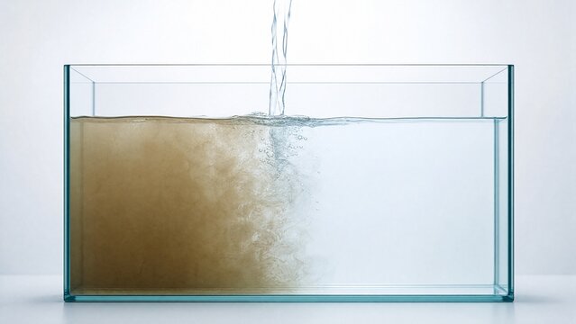 gradually. A clear glass tank with a stream of pure water diluting murky water within. ESG reports, sustainability campaigns, designed for environmental awareness campaigns, used by lab technicians.