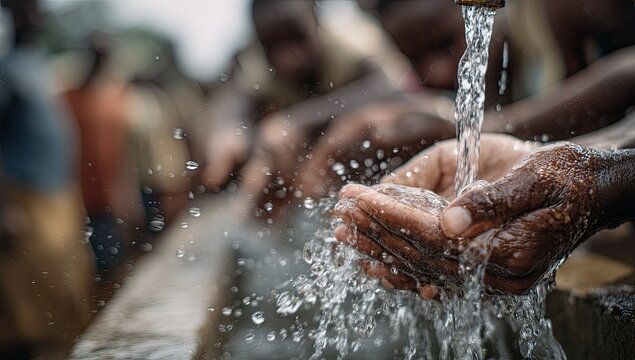 Refreshing water flows into cupped hands, a thirst quenched, a community waits