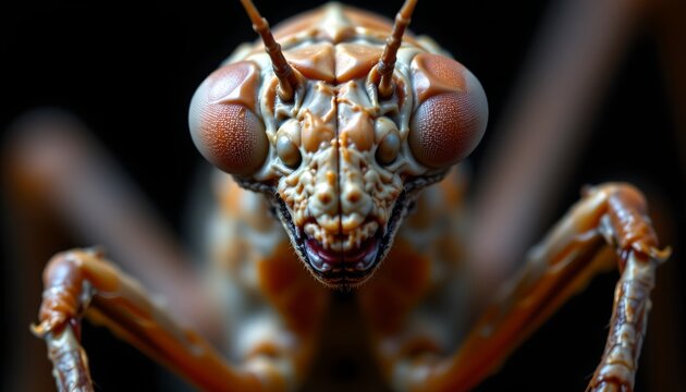 The image features a highly detailed close up of a mantis like insect's face and upper body. The insect has large, compound eyes and prominent antennae extending from its head