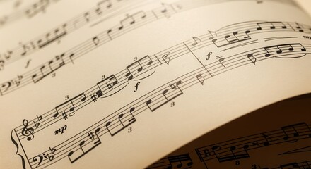 Naklejka premium Close-up of sheet music pages with musical notes, staffs, and notation on warm vintage-toned paper. Ideal for music education, classical composition, or creative sound projects.