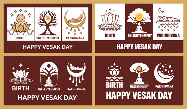 Happy Vesak Day Icon Set with Lotus, Dharma Wheel, and Spiritual Symbols