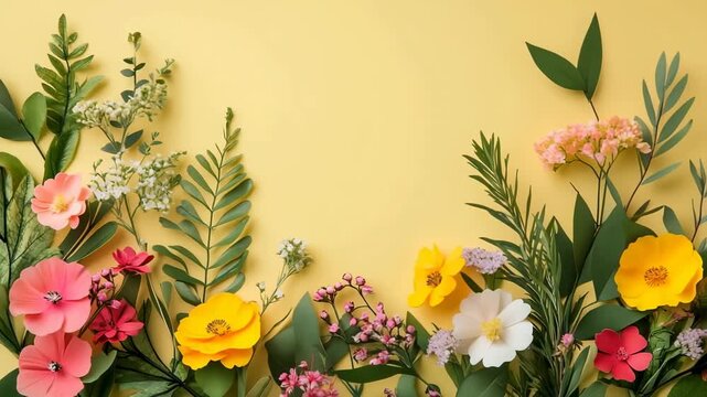 Colorful spring flowers and green leaves arranged on pastel background creating elegant natural botanical frame