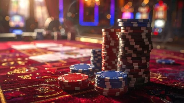 Stacks of colorful game chips on a red table in a dimly lit room