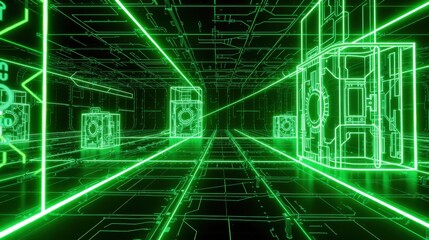 Fototapeta premium Neon green lines form tunnel perspective. Digital structures extend into darkness, creating futuristic space. Bright glow dominates scene.