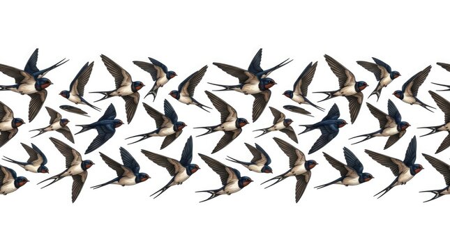 Flock of Colorful Swallows Flying Across White Background
