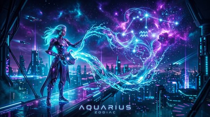 Obraz premium A futuristic female figure pouring glowing water from a jar into a neon cyberpunk city under the Aquarius constellation