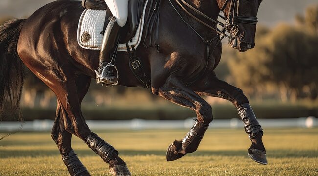 Horse and rider performing dressage in a field at sunset