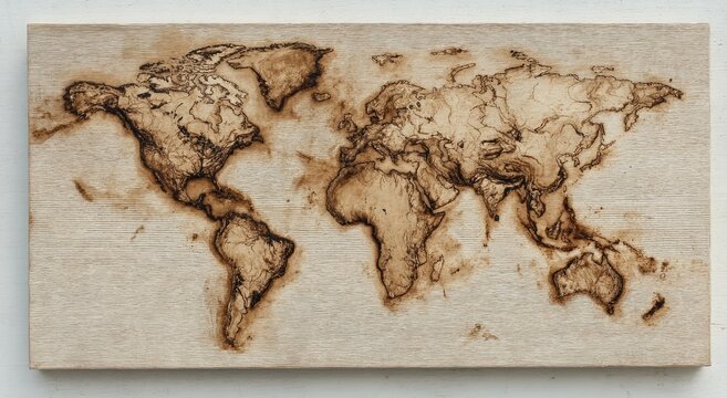 World map pyrography on light wood plank