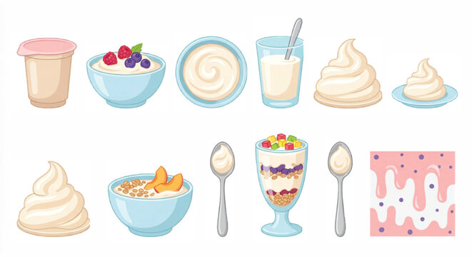 Yogurt and dairy product collection, 12 vector elements featuring bowls of greek yogurt with berries, creamy dessert cups, and healthy breakfast parfaits