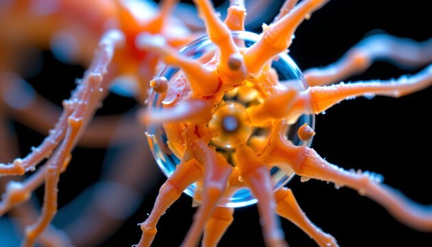 The image features a close up view of an intricate, spiky structure with a vivid orange hue, radiating outward from a central point encased in a clear, spherical bubble