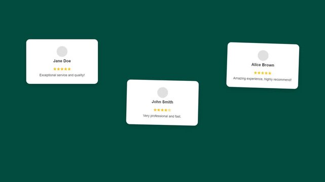 Three white business cards on a dark green background with yellow stars