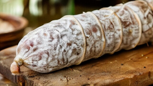 saucisson. Thick French saucisson on rustic board with white mold, tied with twine, artisanal feel. menu design, packaging mockups, designed for food delivery and cloud-kitchen brand materials.