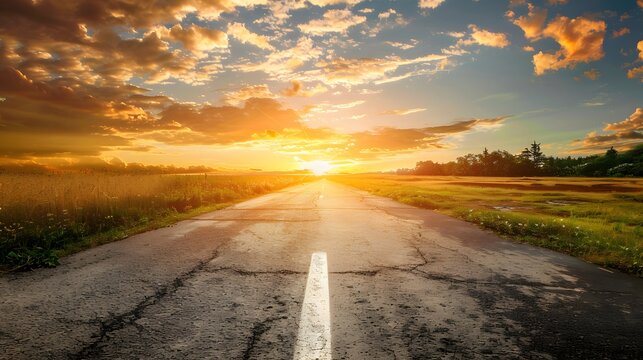 A long cracked asphalt road stretches forward into the horizon under a vibrant golden sunset in this scenic landscape photo