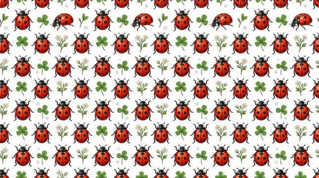 Repeating Red Ladybug and Green Clover Pattern Arranged on White Background