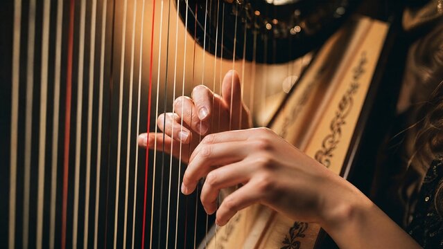 harp. Close-up of harp strings being plucked with light glinting on the strings. STEM education sheets, lab safety posters, designed for STEM education and laboratory safety posters.